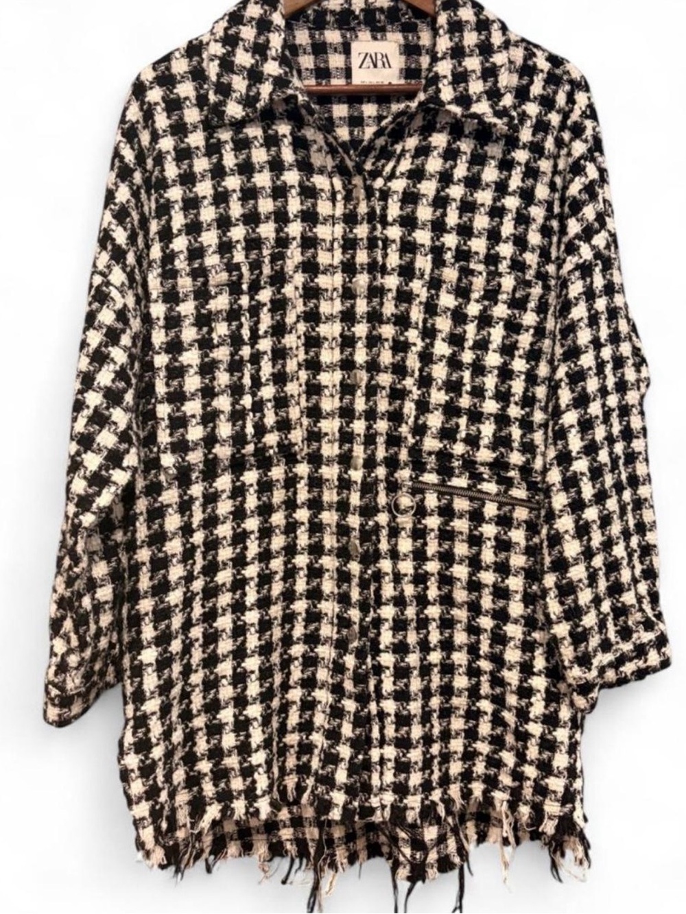 Zara Black & White Houndstooth Tweed Oversized Button-Front Shacket | Large